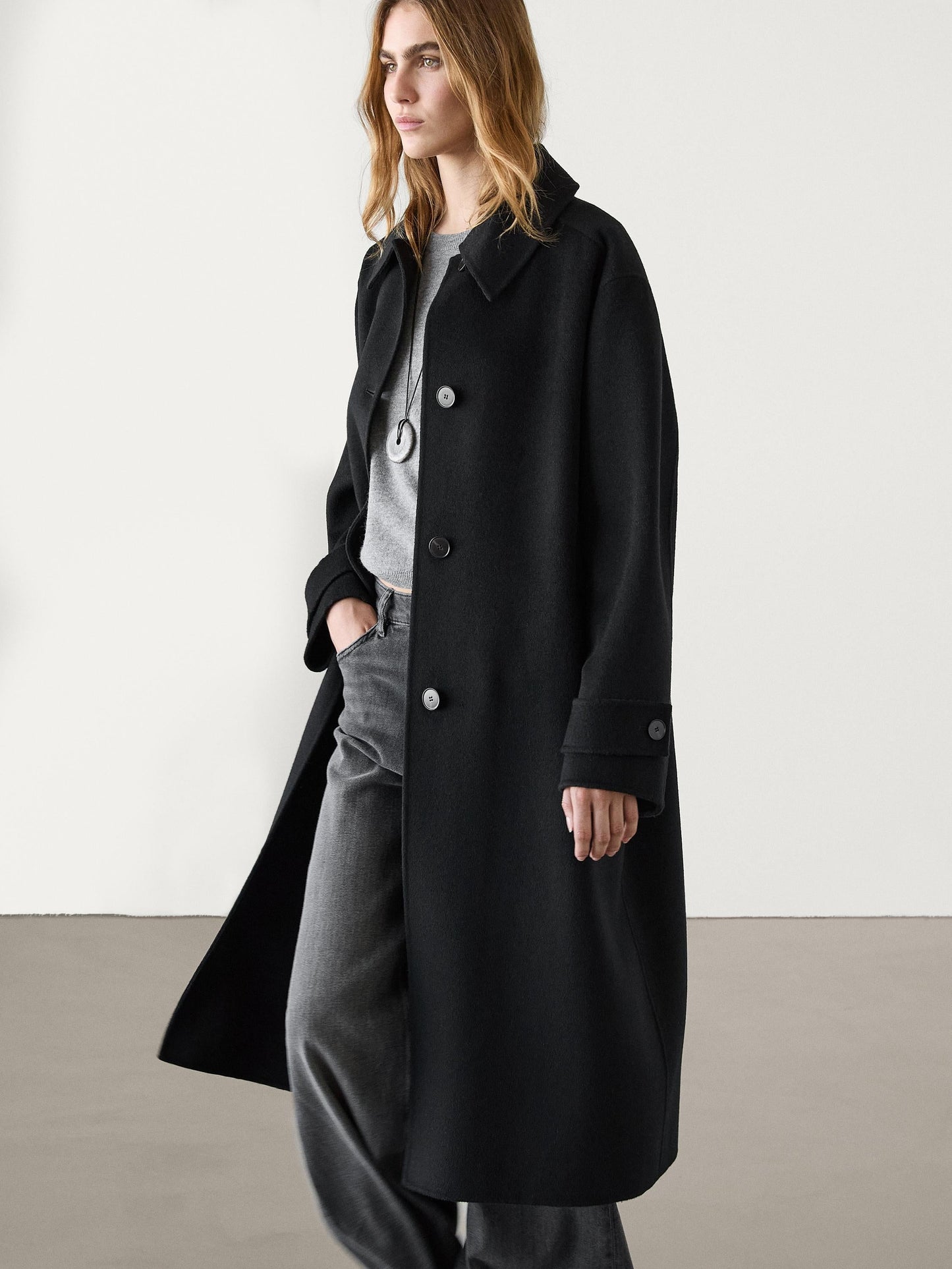 Long Women's Jacket Wool Blend Elegant Buttons
