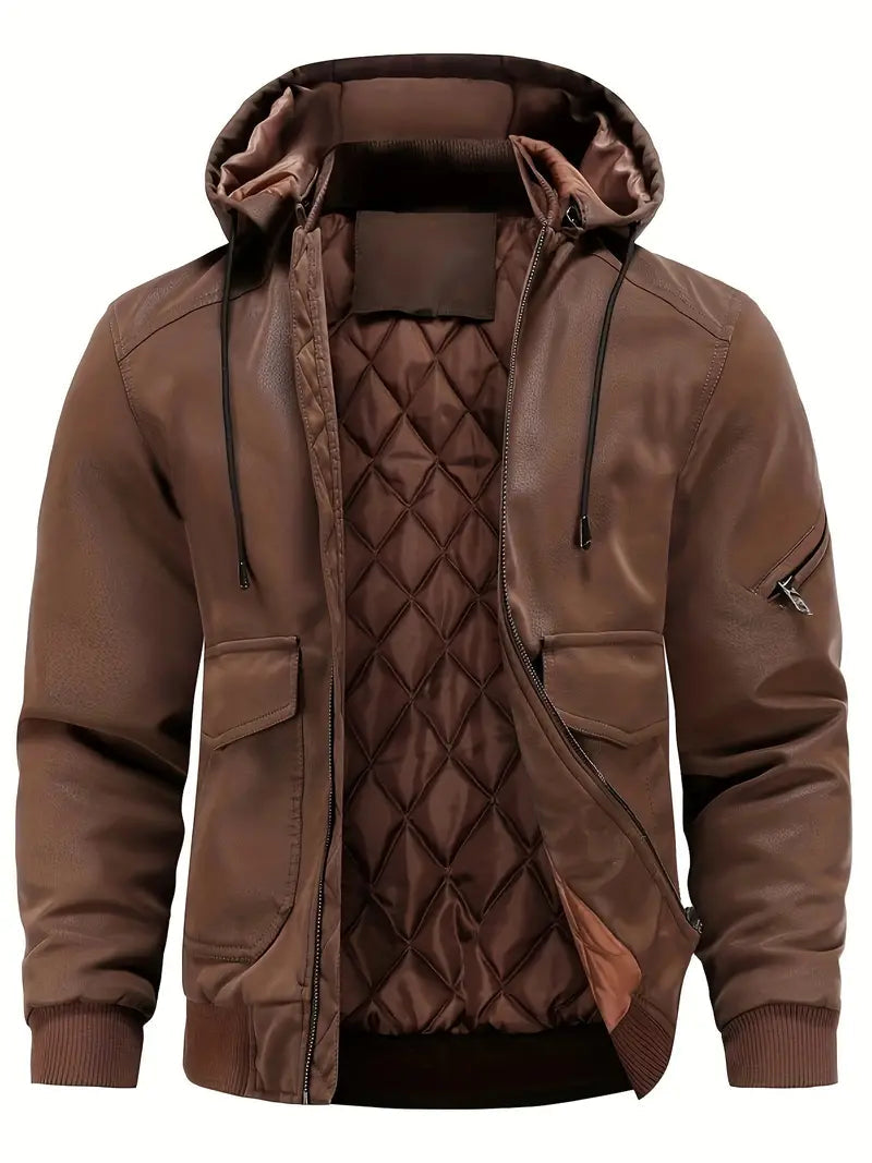 Men's Winter Jacket Waterproof Windproof PU Leather Hooded