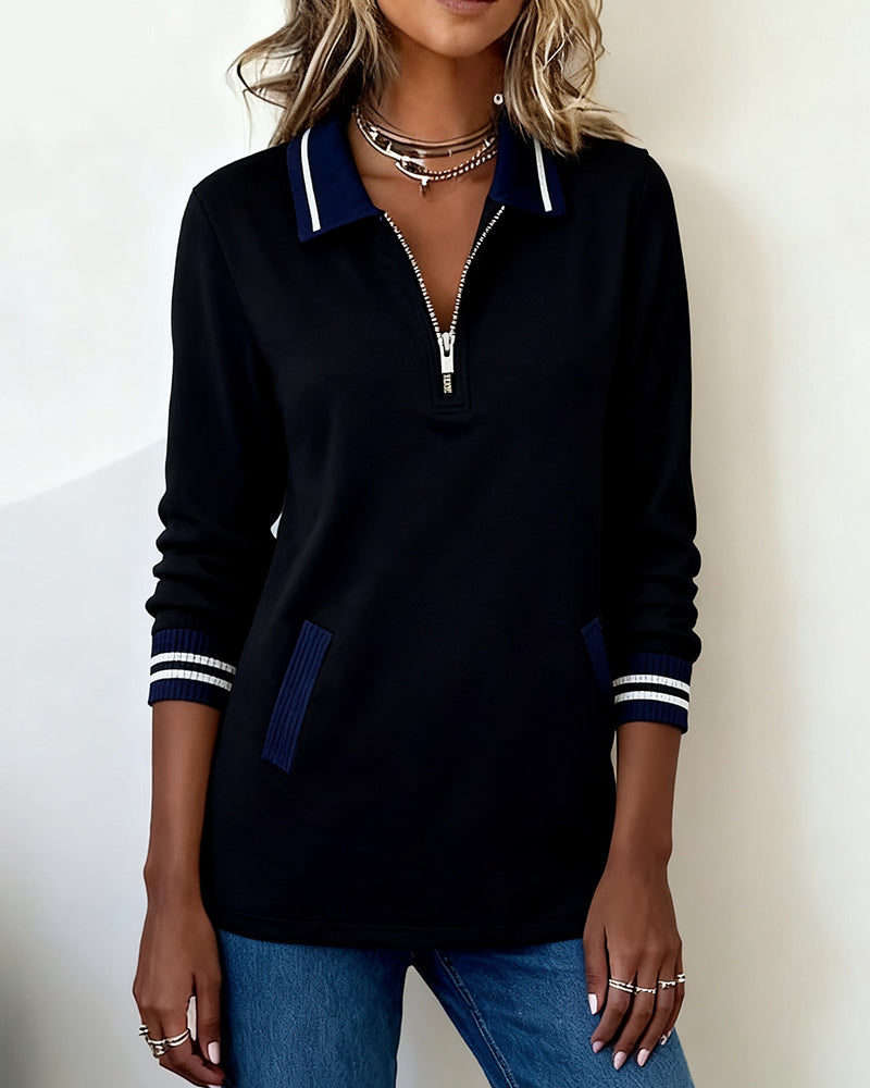 Fashionable Sweatshirt Lapel Closure Color Contrast