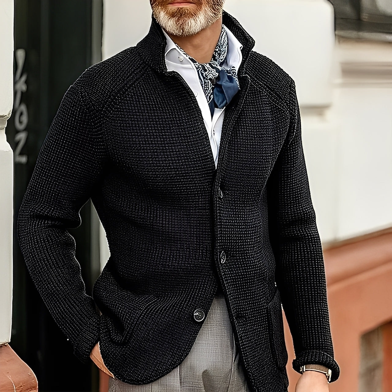 Stylish men's cardigan with stand-up collar