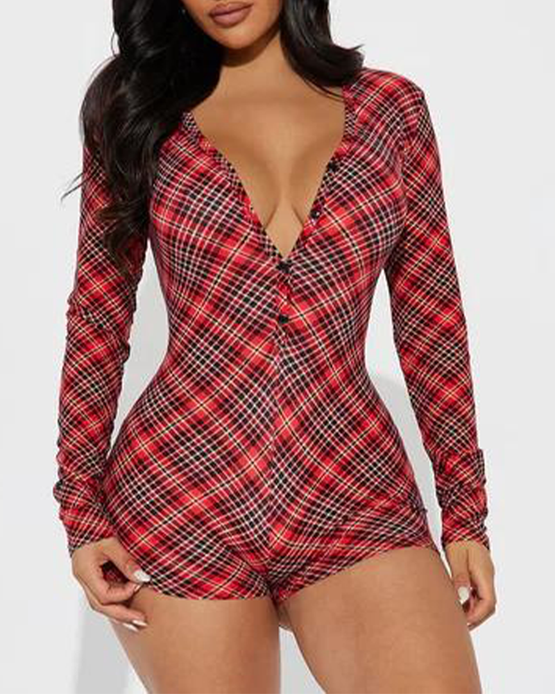 Christmas Dress Plaid V-Neck Long Sleeve Shorts