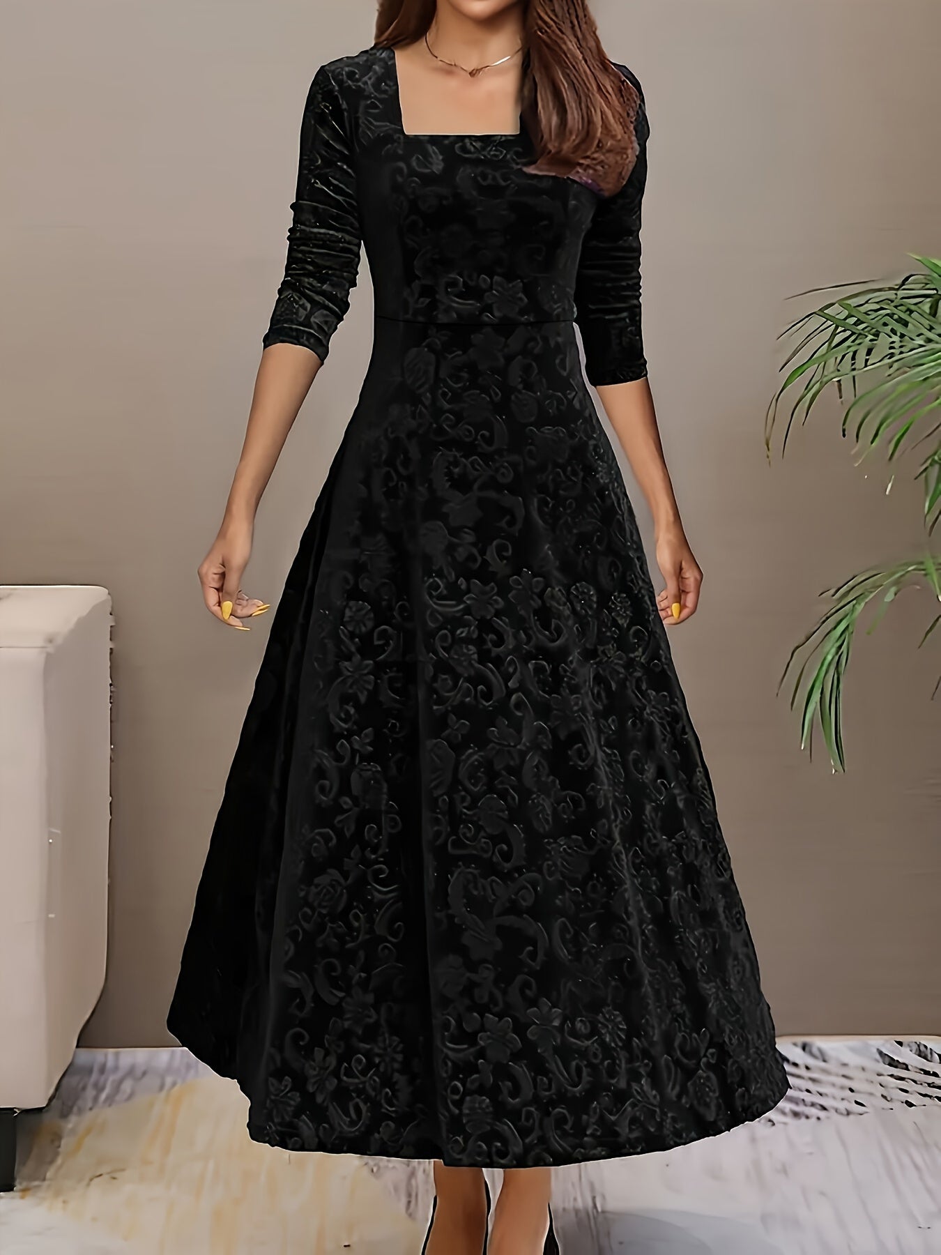 Elegant Women's Dress Floral Pattern Velvet
