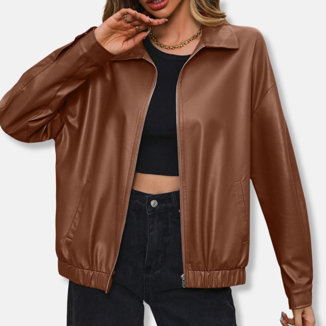 Short Biker Style Leather Jacket with Zipper