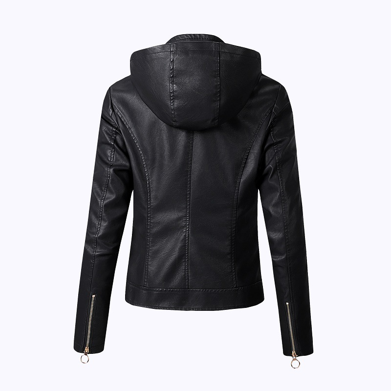 Lederjacke Damen Kapuze Elegant Schwarz - IdealeKleiden
