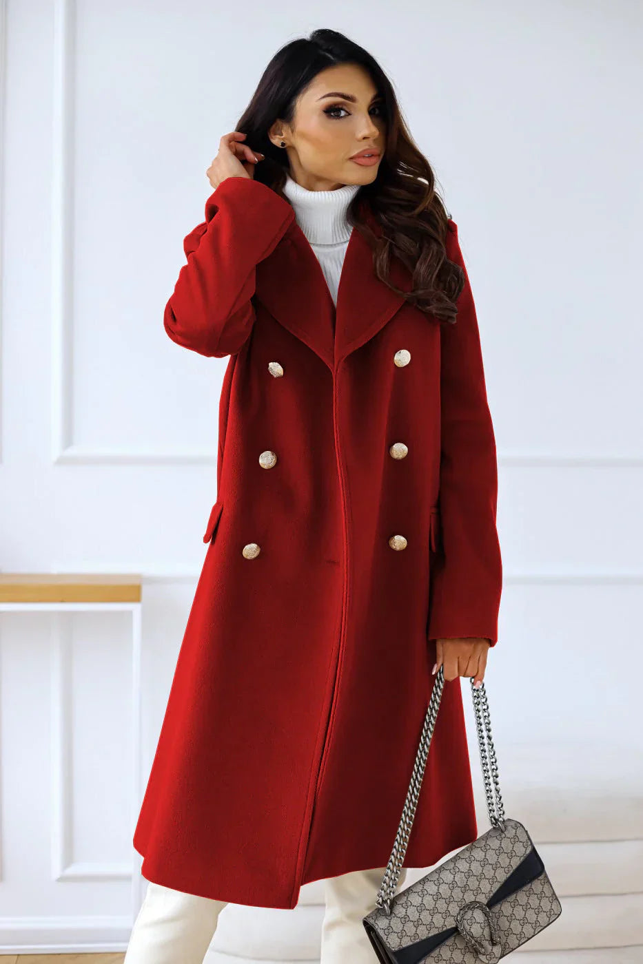 Long Women's Double-Breasted Elegant Coat