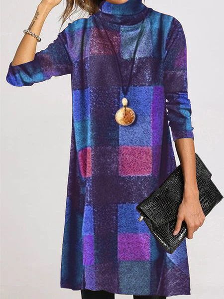 Women's Chic Plaid Turtleneck Long-Sleeve Dress