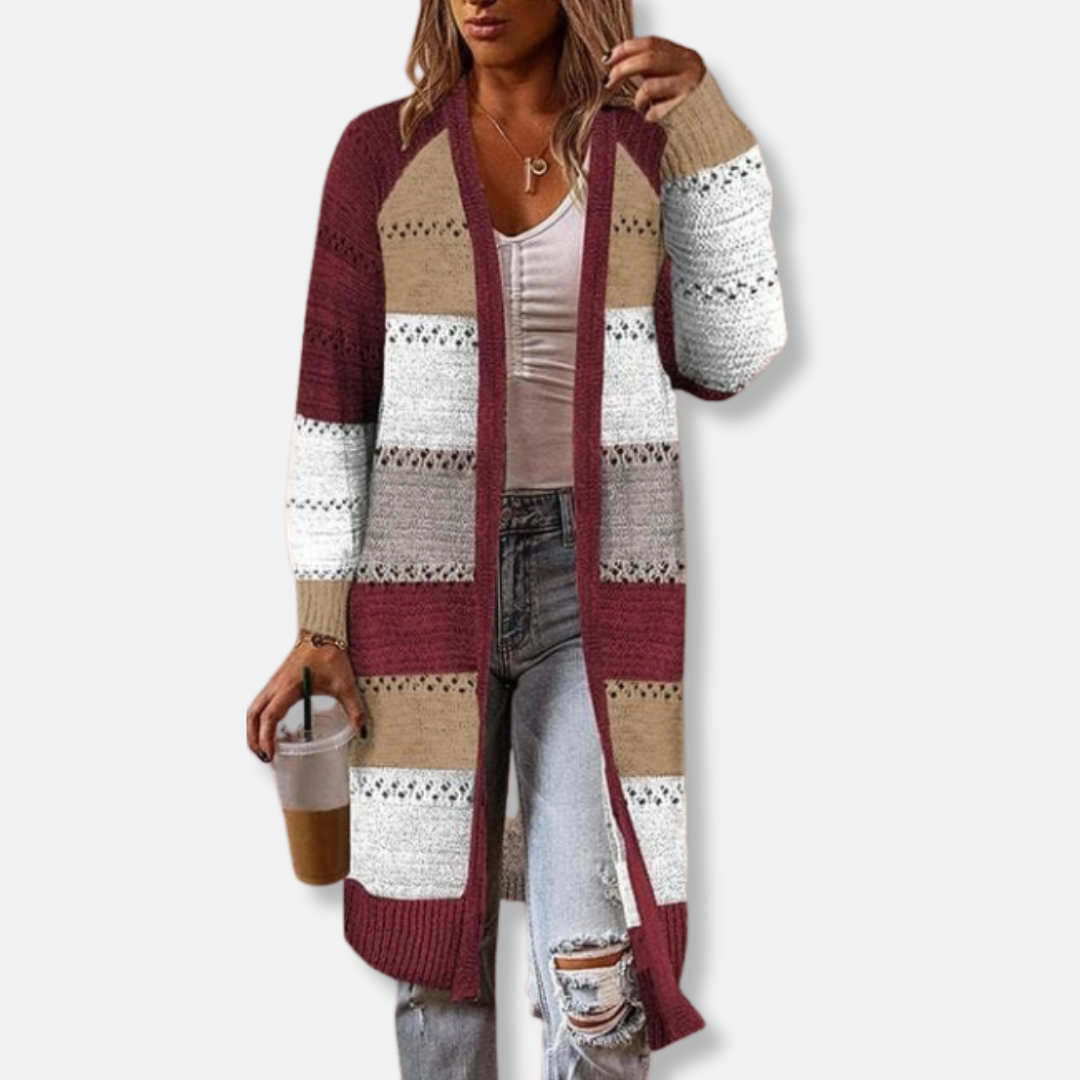 Comfortable Wool Knit Cardigan Relaxed Fit Stripe Pattern