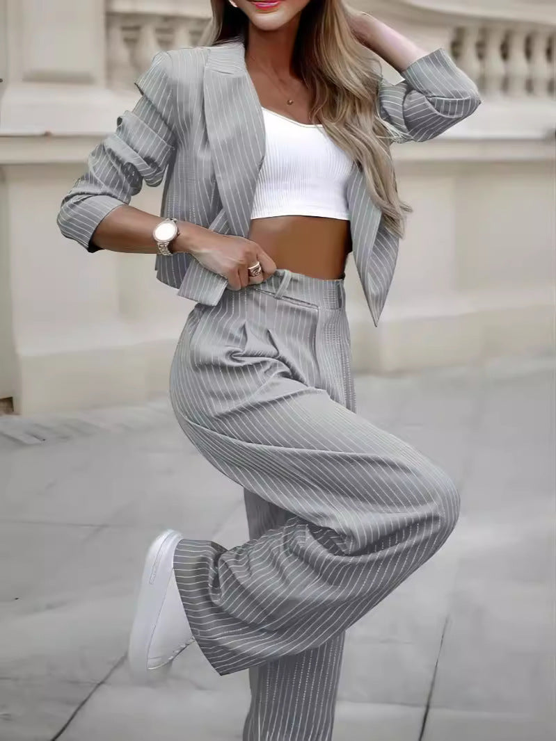 Fashionable Pinstripe Blazer and Trousers Suit Set