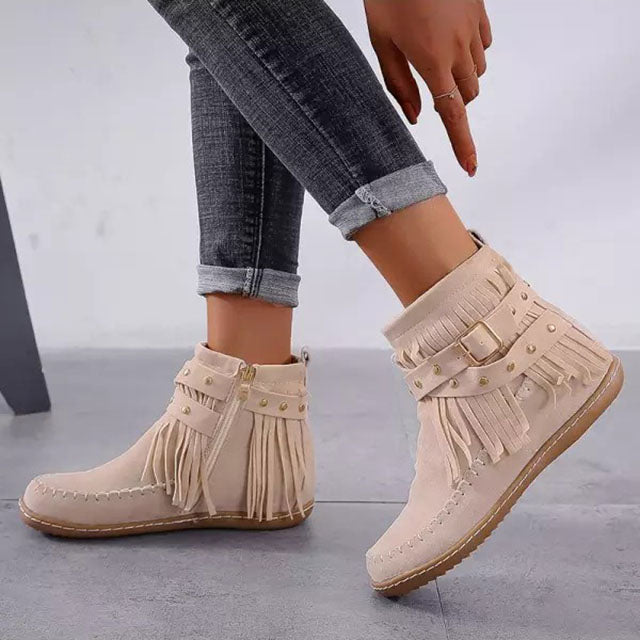 Women's Flat Studded Strap Buckle Boots