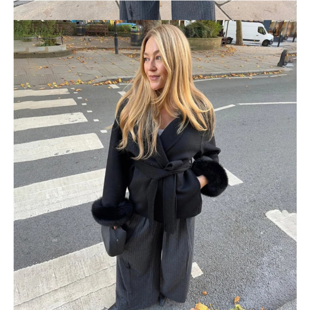 Women's Long Winter Coat with Belt and Faux Fur