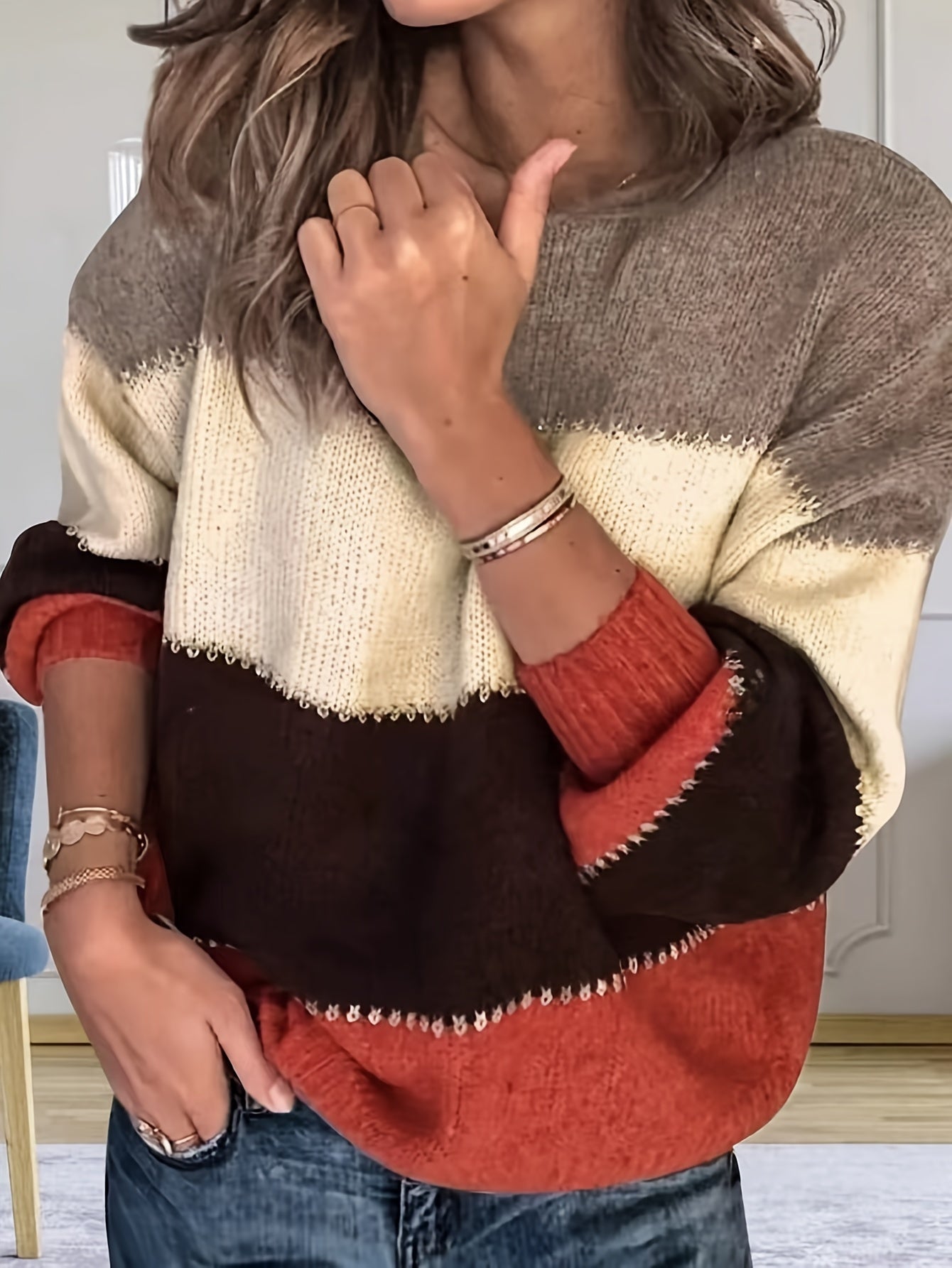 Color Block Sweater Trendy Women's
