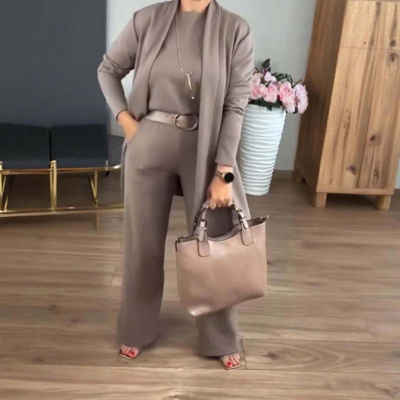 Stylish 3-Piece Set: Long Cardigan, Top, and Trousers for Women