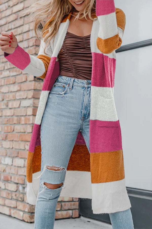 Knitted Cardigan with Open Front and Multicolored Design