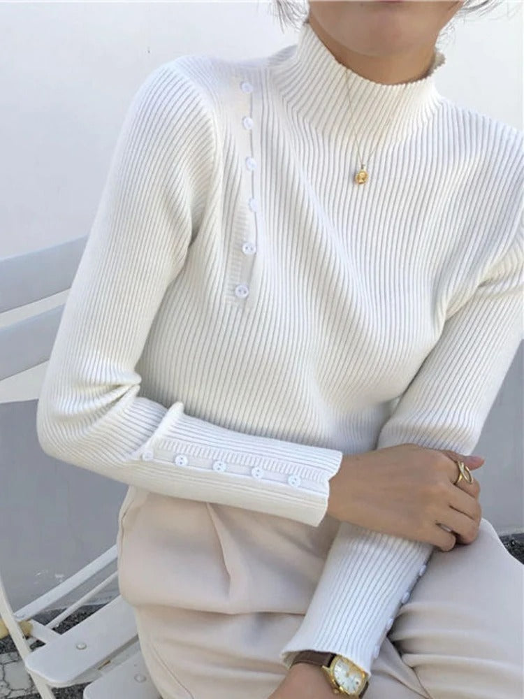Stylish Sweater with Buttons and Stand-up Collar