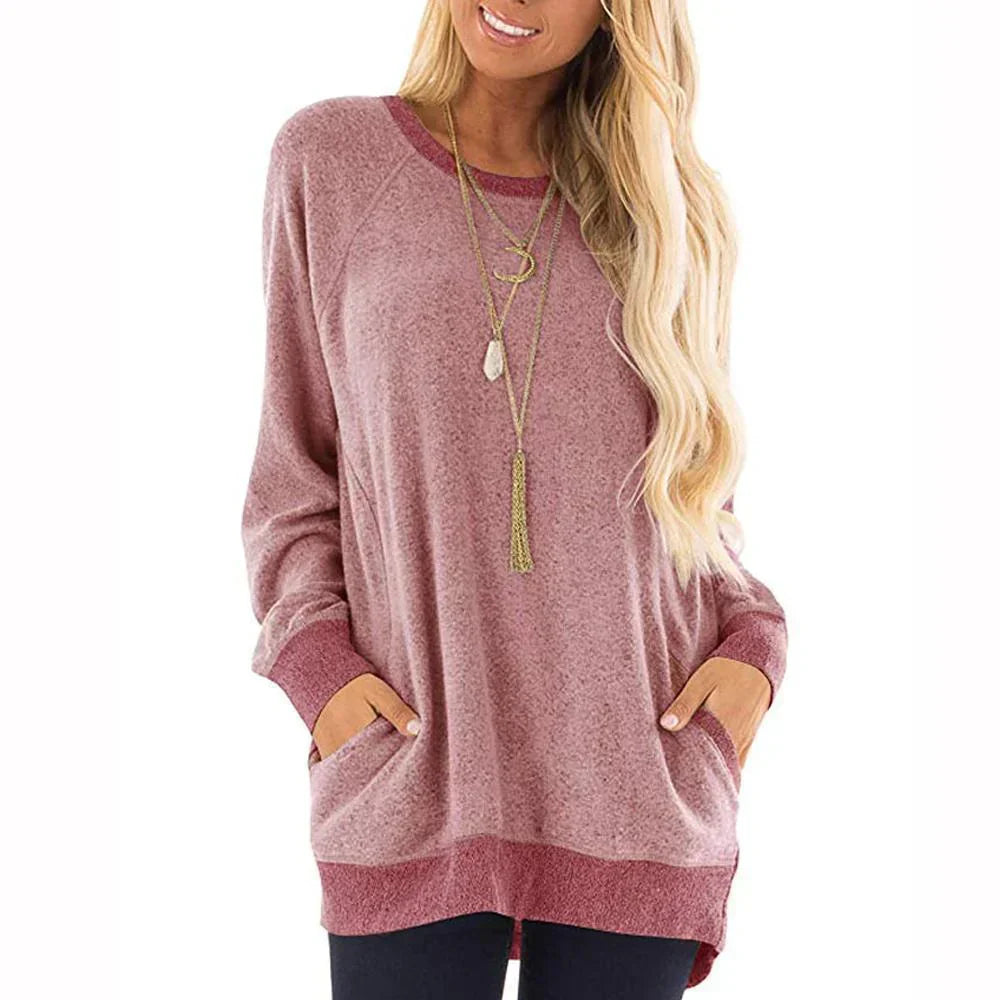 Women's Long Sleeve Round Neck T-Shirt with 2 Pockets