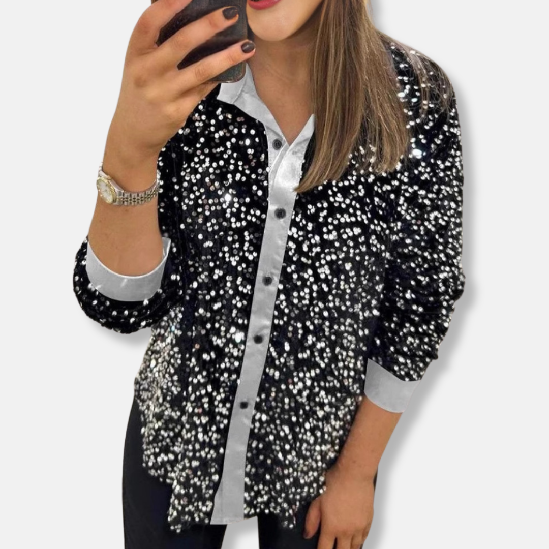 Festive Shirt with Sequins Loose Fit Elegant Collar