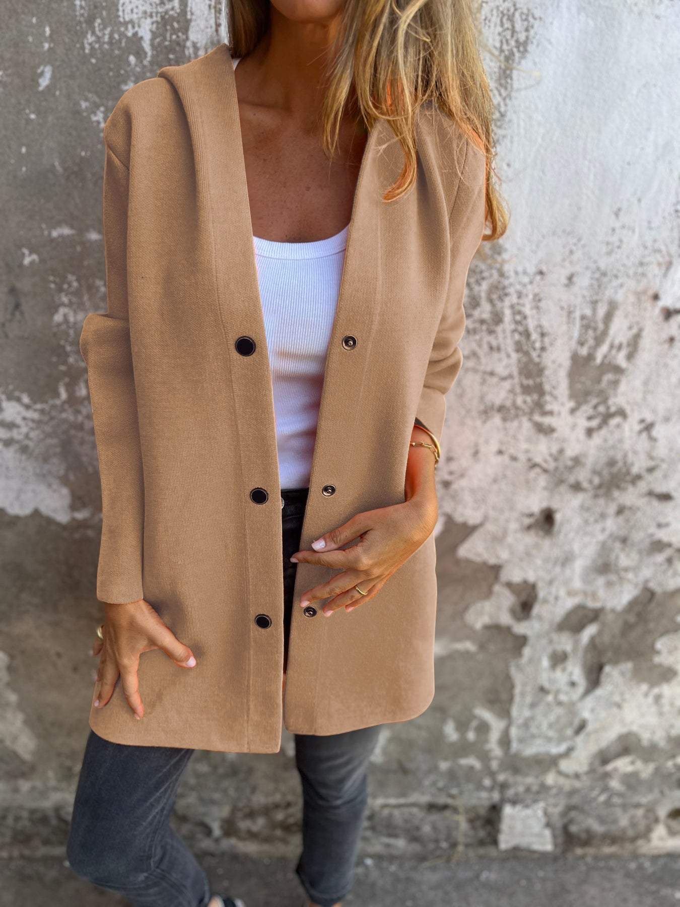 Long Wool Jacket Women Hood Button Closure Comfortable