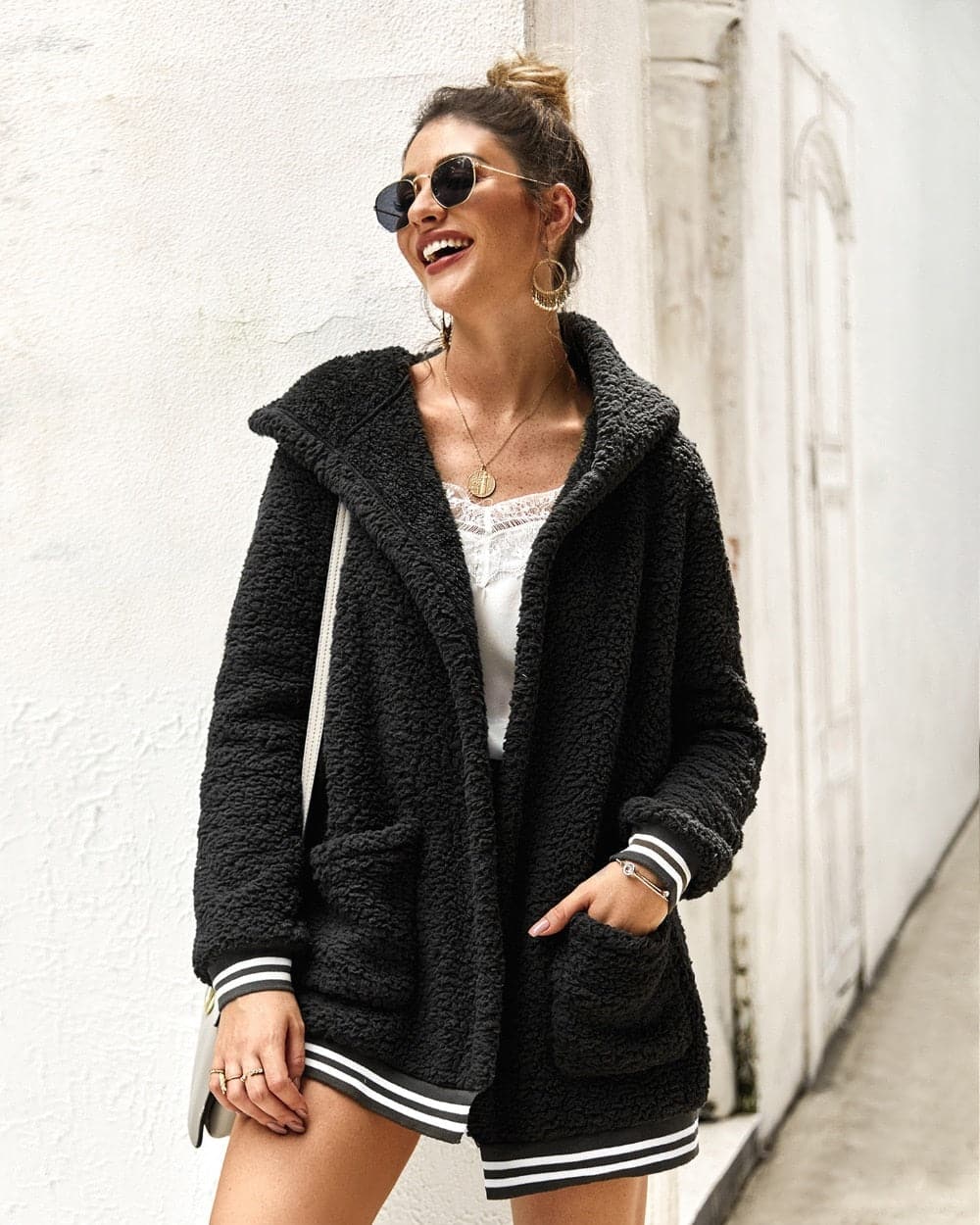 Soft Oversized Fleece Jacket with Hood and Large Pockets