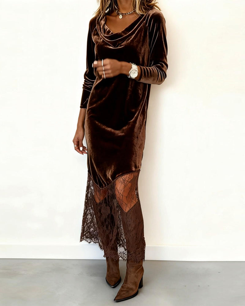 Elegantes Kleid Wasserfallausschnitt Spitze Patchwork - IdealeKleiden