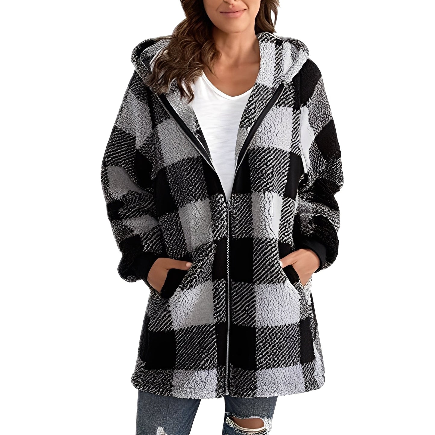 Fashionable Women's Hoodie Plaid Pattern