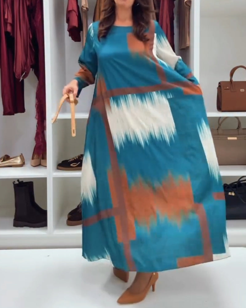Stylish Women's Round Neck Long-Sleeved Printed Dress