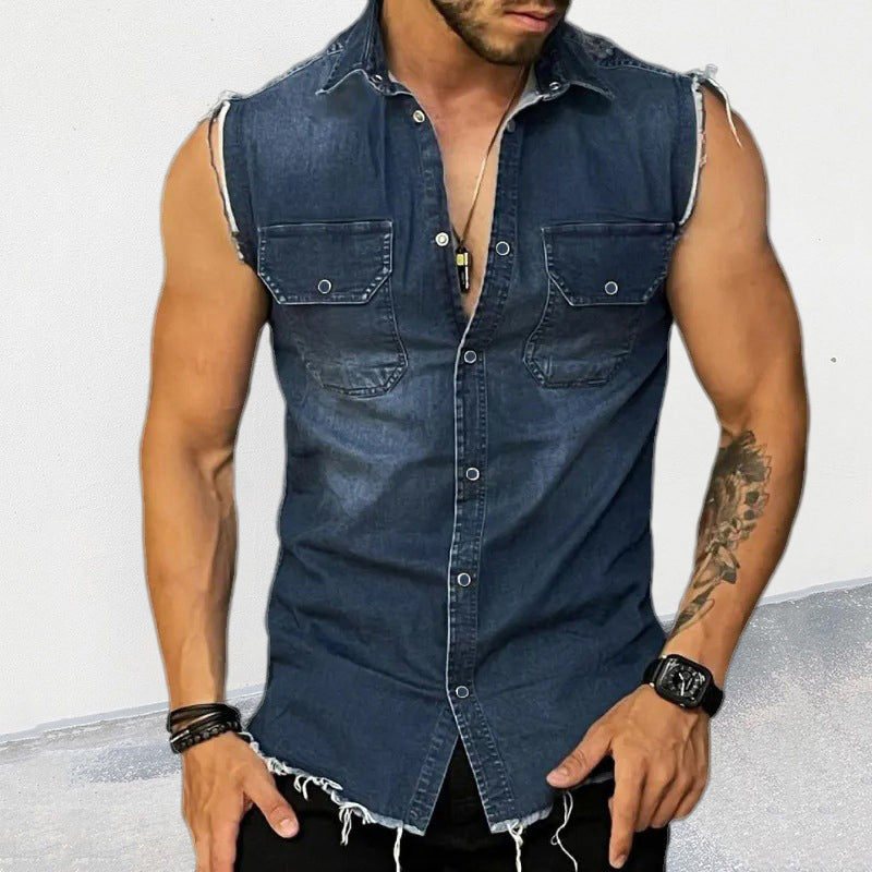 Sleeveless Denim Shirt Slim Fit Men