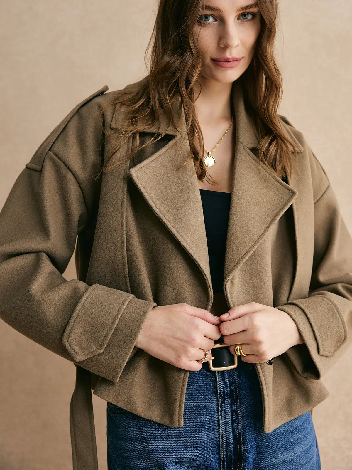 Elegante Damenjacke Mit Gürtel Einfarbig - IdealeKleiden