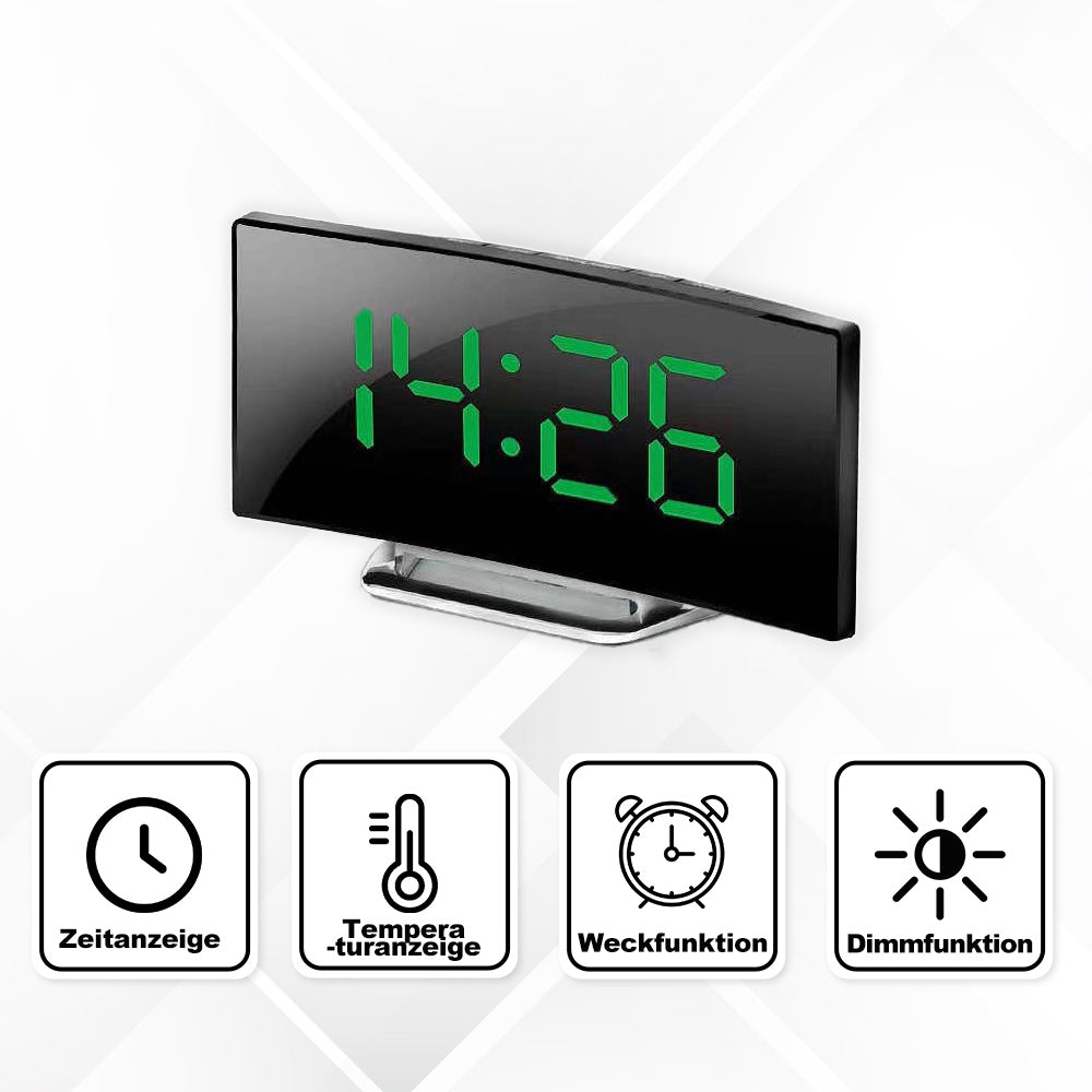 Modern LED Mirror Clock with Curved Display and Silent Alarm Function