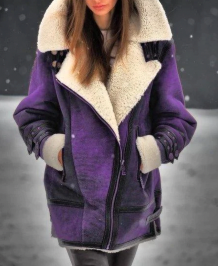 Fashionable Faux Leather Jacket Warm Plush Lining Women's