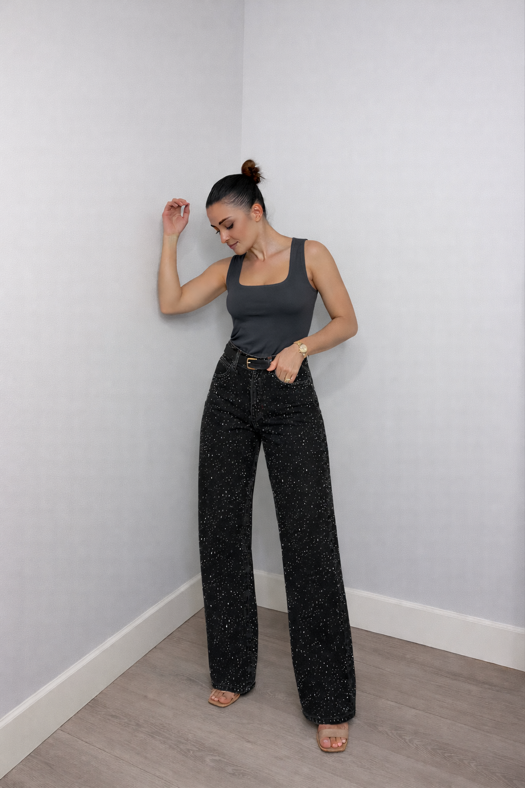 Women's High-Waisted Glitter Effect Trousers