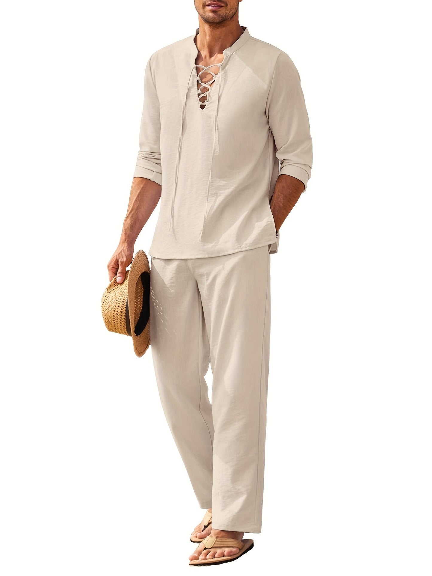 Linen Suit Set Summer Men Long Sleeve