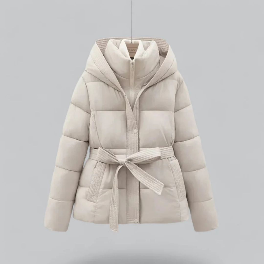 Stylish Women's Puffer Jacket With Hood and Belt
