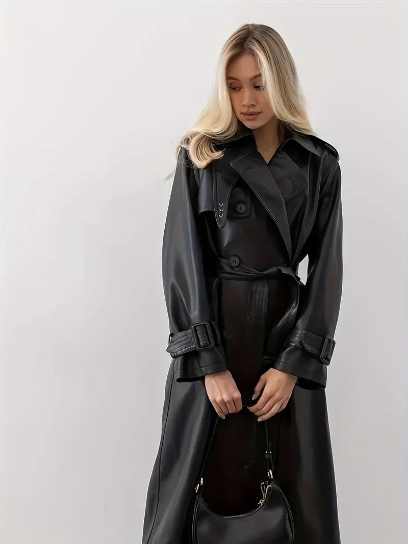 Eleganter Leder-Trenchcoat Damen Schwarz Lang - IdealeKleiden