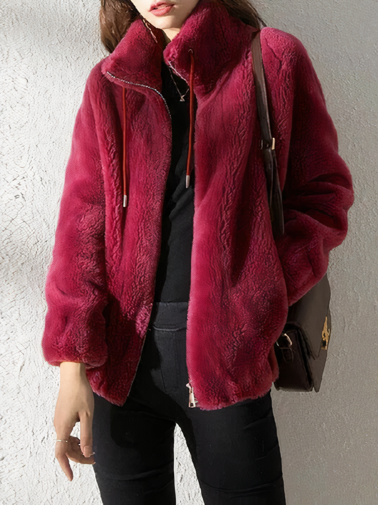 Soft Fleece Teddy Look Jacket - High Collar - Zipper