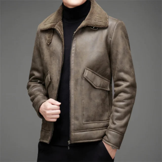 Men's Vegan Leather Jacket Warm Fleece Lining