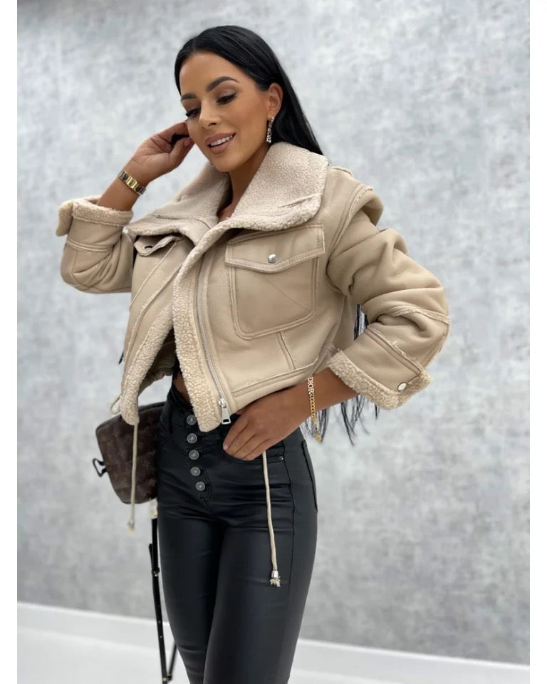 Stylish Leather Jacket Black Teddy Fleece Lining Women