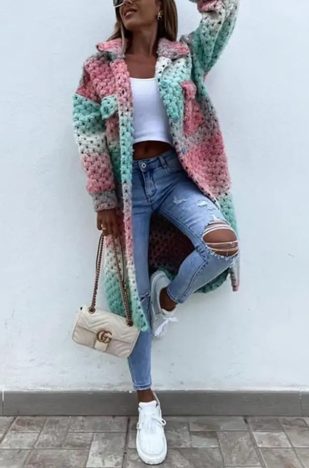 Elegant Women's Long Colorful Cable Knit Coat