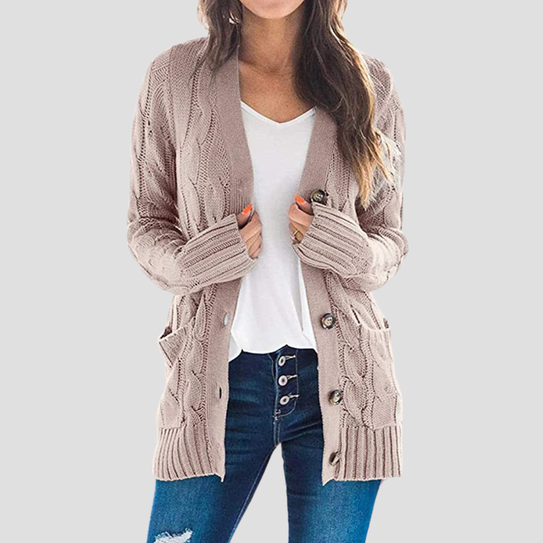 Women's Warm Cable Knit Cardigan with Buttons and Pockets