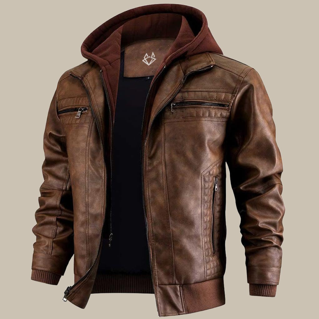 Men's Leather Jacket with Hood and Zipper