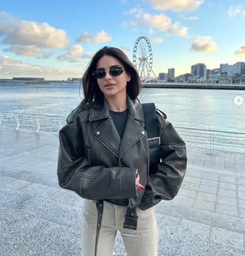 Oversized Cropped Leather Jacket Women's Belt Look