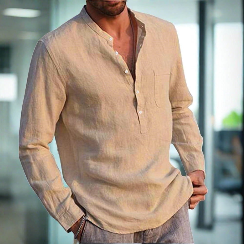 Men's Long-Sleeved Linen Shirt with Chest Pocket
