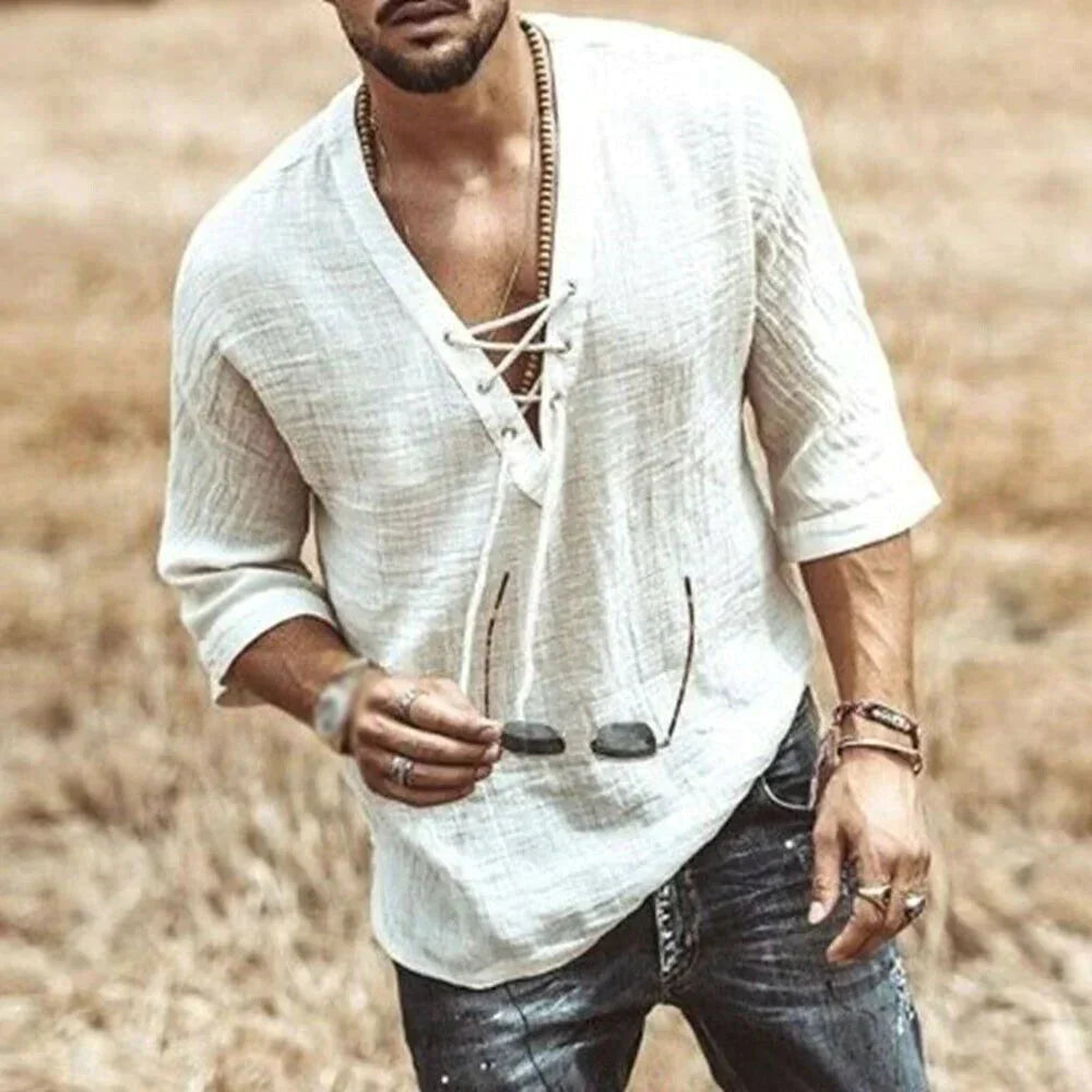 Men's Linen Shirt Comfortable V-Neck