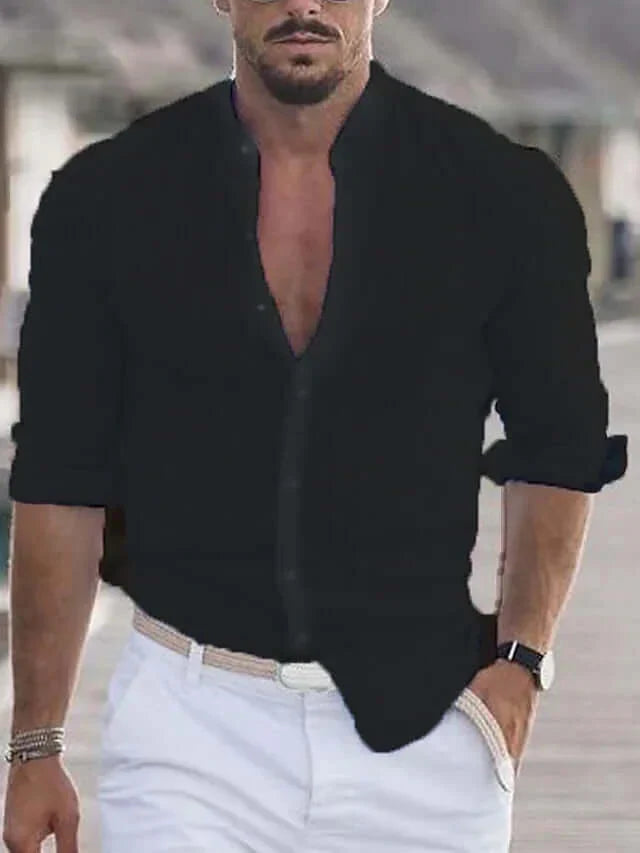 Men's Slim Fit Long Sleeve Linen Shirt
