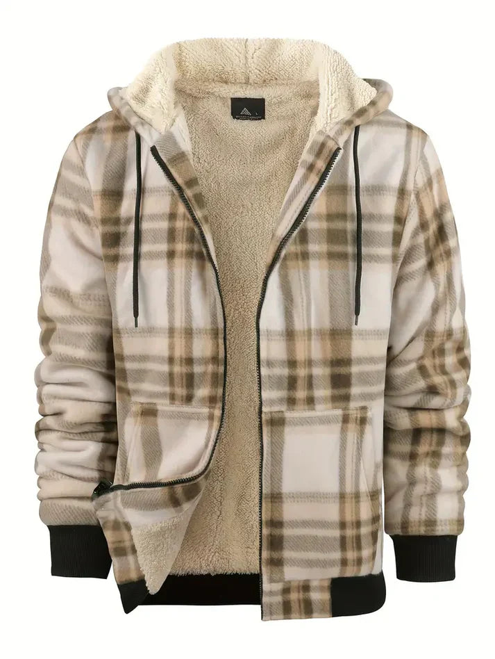 Men's Winter Jacket Fleece Hood Warm Plaid