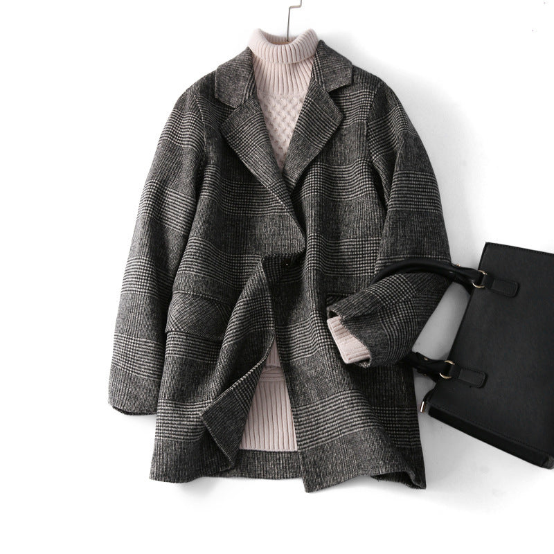 Women's Wool Jacket Plaid Pattern Lapel Collar Winter