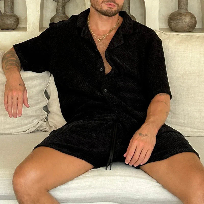 Men's Casual Waffle Knit Shirt and Shorts Set for Summer