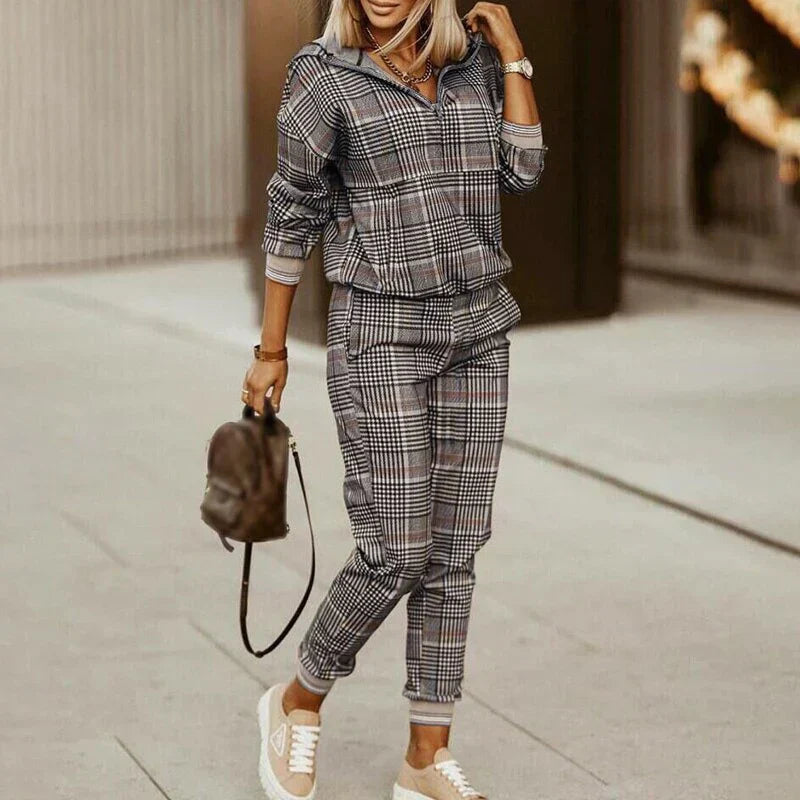 Women's Plaid Long Sleeve Tracksuit Set