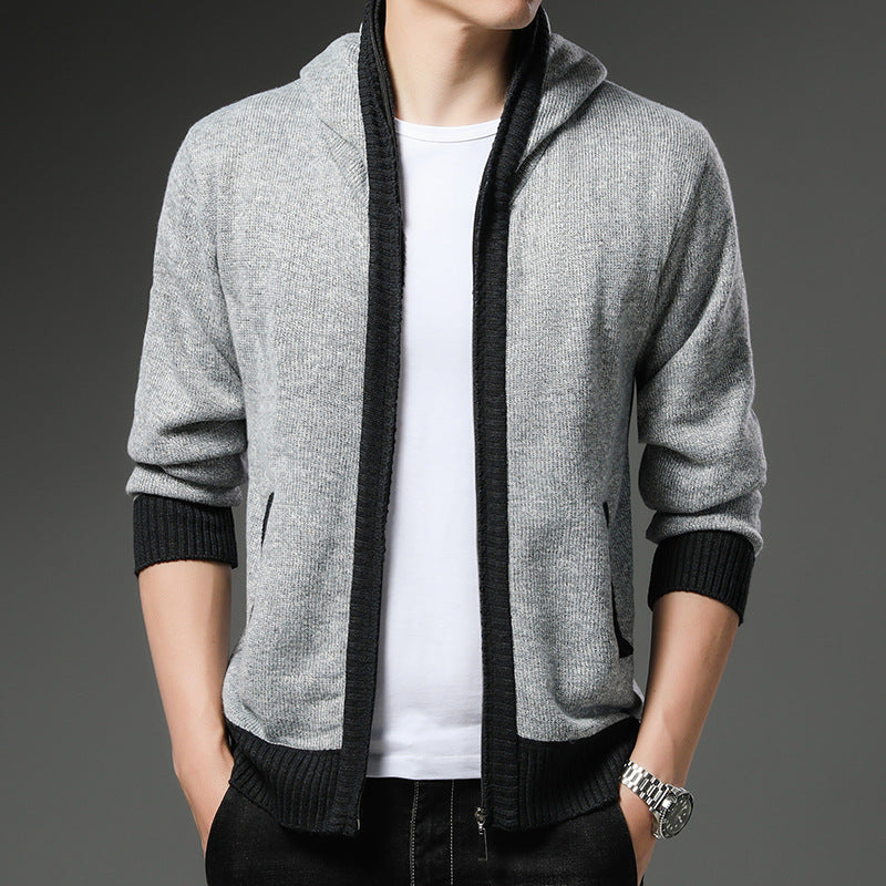 Men's Knitted Cardigan Modern Hood Black White