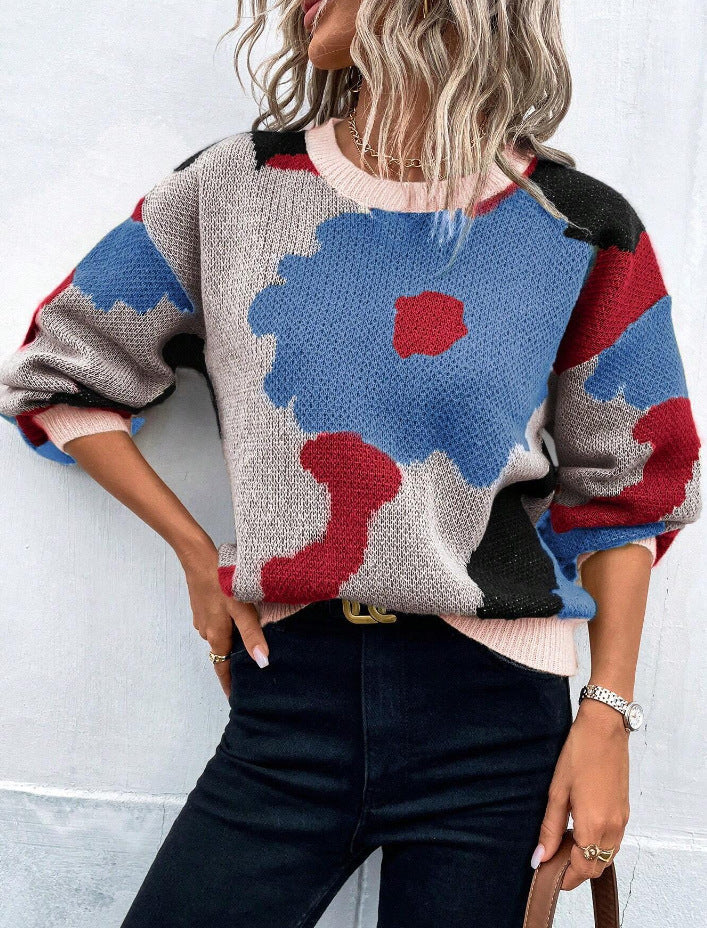 Patterned Knitted Sweater Loose Fit Round Neck