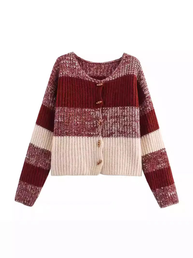 Women's Cardigan Elastic Ribbed Pattern Wooden Buttons Elegant Design
